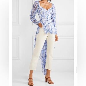 RARE* CAROLINE CONSTAS Asymmetric Floral-print Silk Top In Blue